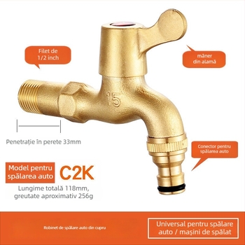 Robinet pentru mașina de spălat, corp din cupru, model rece unic, montare în spirală, 2–90°C funcționare