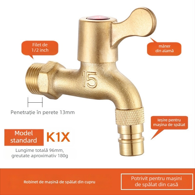 Robinet pentru mașina de spălat, corp din cupru, model rece unic, montare în spirală, 2–90°C funcționare