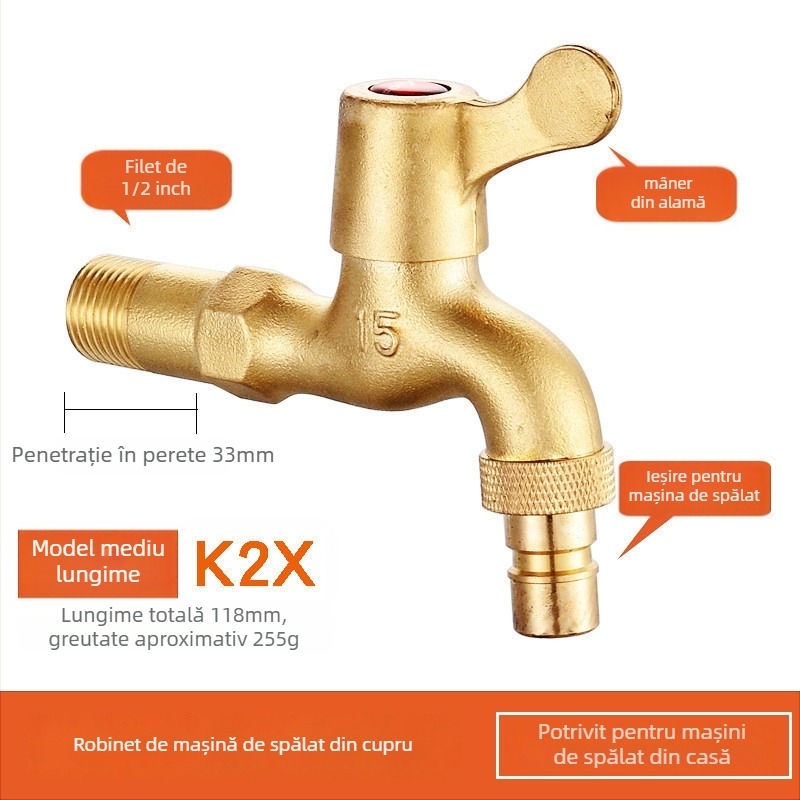Robinet pentru mașina de spălat, corp din cupru, model rece unic, montare în spirală, 2–90°C funcționare