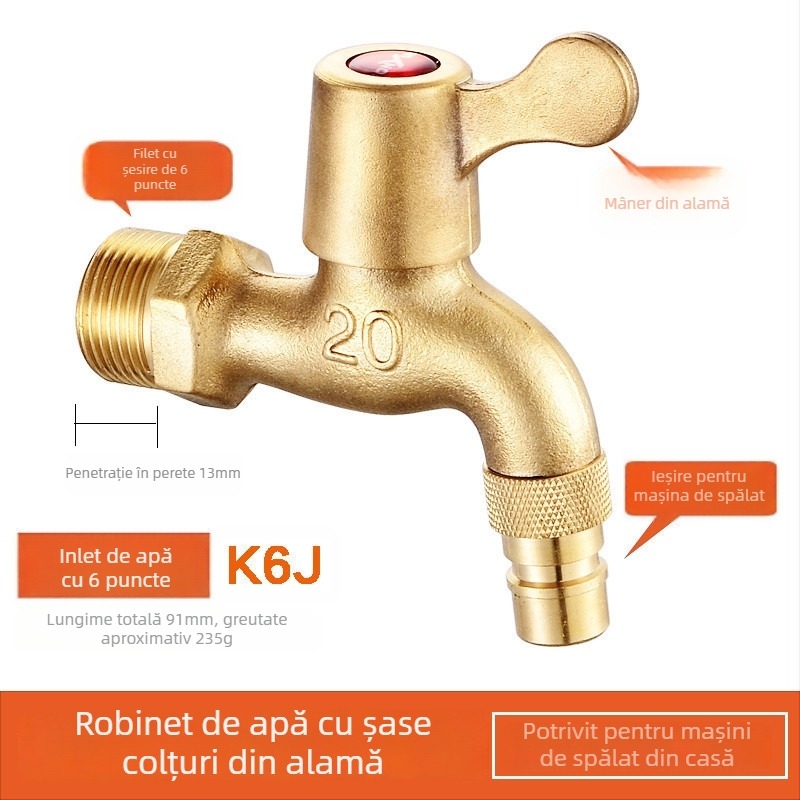 Robinet pentru mașina de spălat, corp din cupru, model rece unic, montare în spirală, 2–90°C funcționare