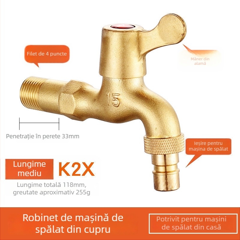 Robinet pentru mașina de spălat, corp din cupru, model rece unic, montare în spirală, 2–90°C funcționare