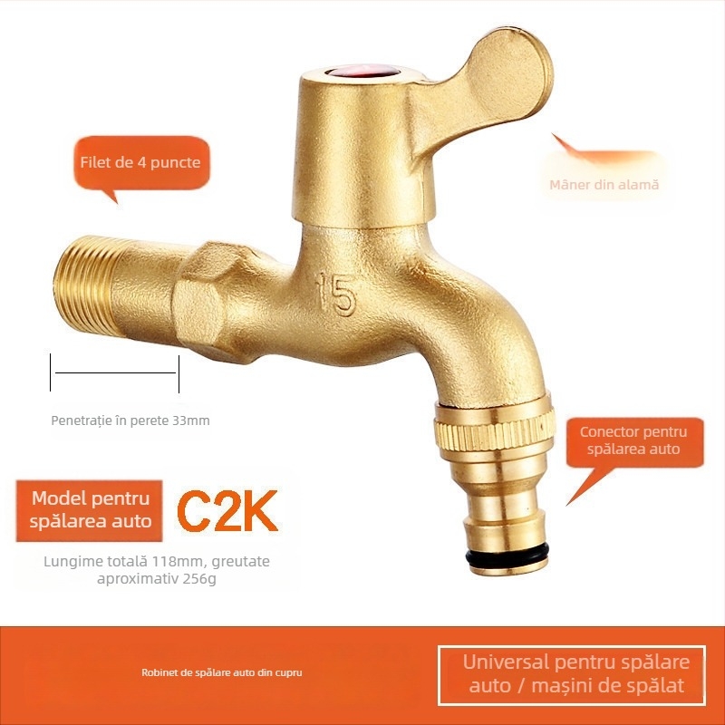 Robinet pentru mașina de spălat, corp din cupru, model rece unic, montare în spirală, 2–90°C funcționare