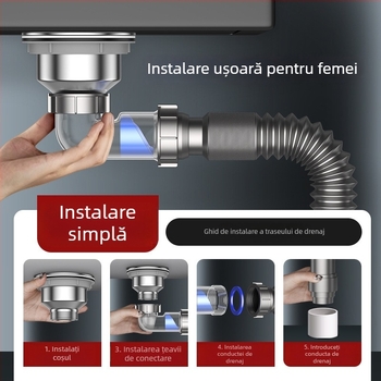 Drenaj pentru chiuveta de vase – montat pe lateral, tip trăgător, anti-miros, stil modern minimalist