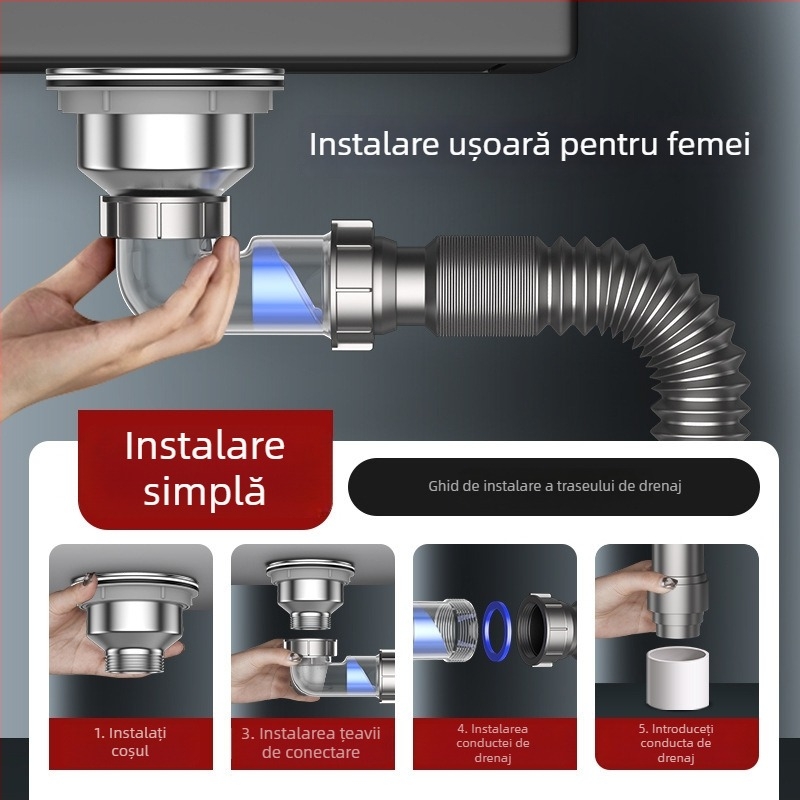 Drenaj pentru chiuveta de vase – montat pe lateral, tip trăgător, anti-miros, stil modern minimalist