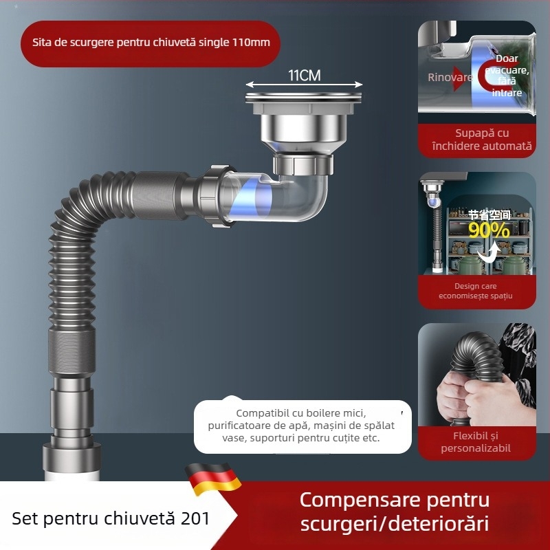 Drenaj pentru chiuveta de vase – montat pe lateral, tip trăgător, anti-miros, stil modern minimalist