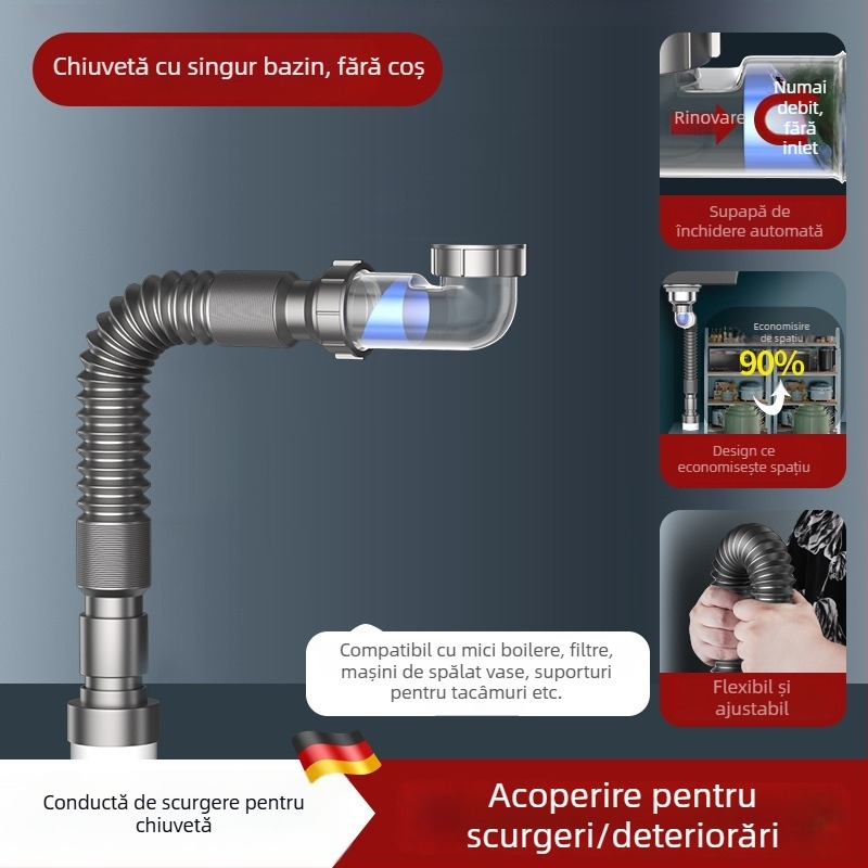 Drenaj pentru chiuveta de vase – montat pe lateral, tip trăgător, anti-miros, stil modern minimalist