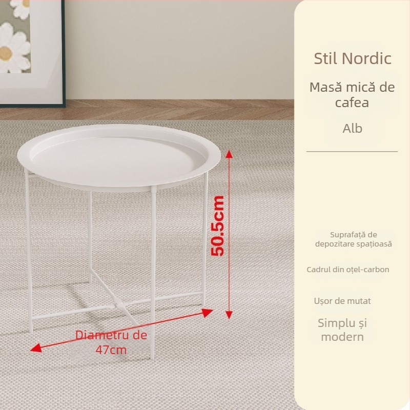 Masă de cafea rotundă din metal, cadru metalic, design minimalist modern, pliabil, potrivită pentru living și dormitor.