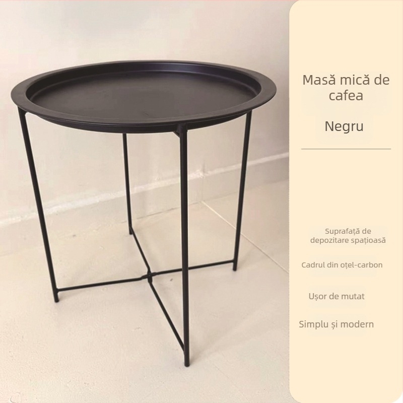 Masă de cafea rotundă din metal, cadru metalic, design minimalist modern, pliabil, potrivită pentru living și dormitor.