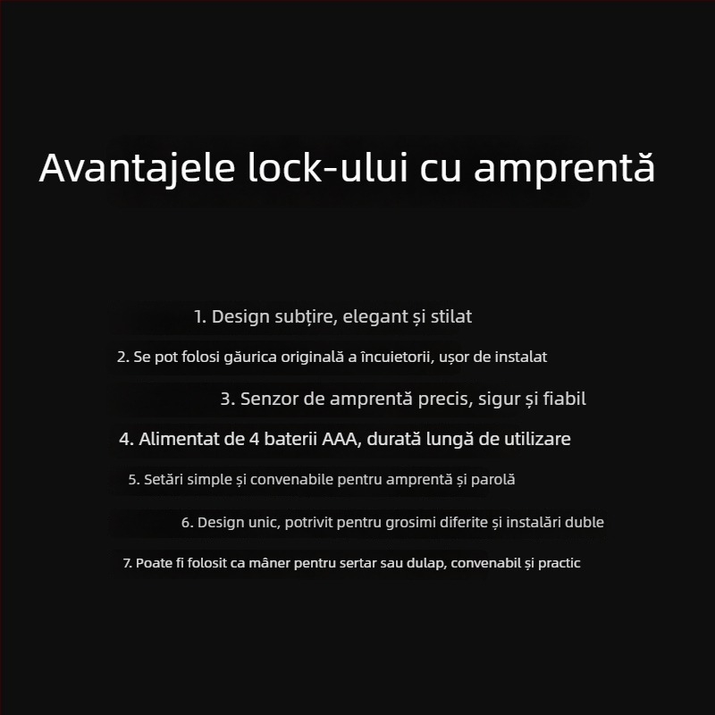 Încuietoare biometrică pentru dulapuri și sertare — 100000 deblocări, timp de scanare <3 s, rată de recunoaștere falsă <0,01%, alimentare DC, temperatură de lucru 30°C