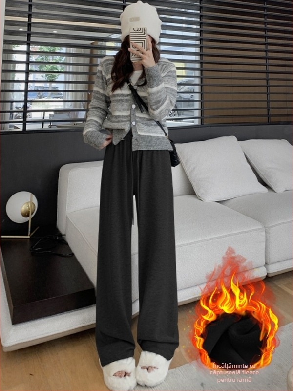 Pantaloni largi cu talie înaltă, căptuți cu fleece, croială lejeră, material gros, lungi