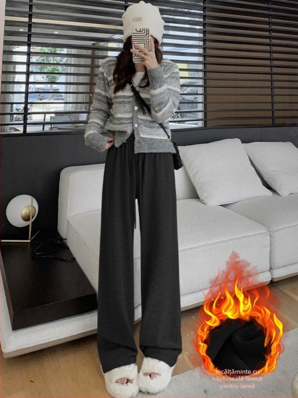 Pantaloni largi cu talie înaltă, căptuți cu fleece, croială lejeră, material gros, lungi