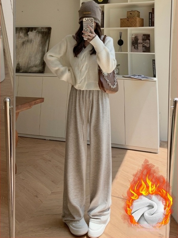 Pantaloni largi cu talie înaltă, căptuți cu fleece, croială lejeră, material gros, lungi