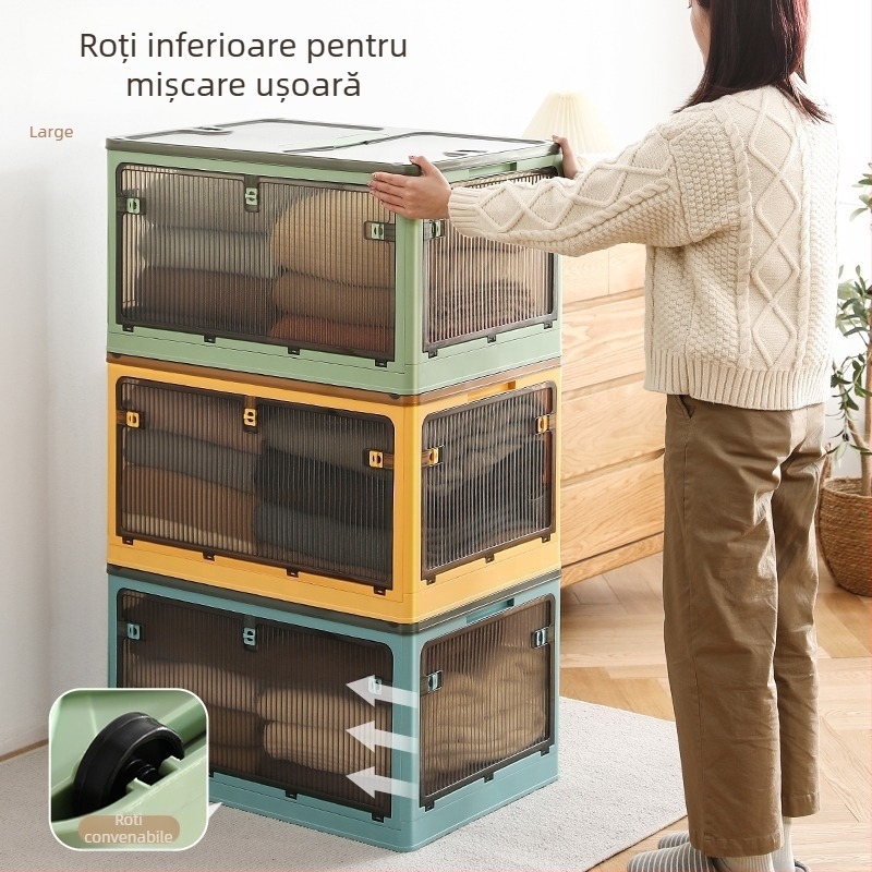 Cutie de depozitare transparentă, pliabilă, cu roți, 80 L, din PP plastic