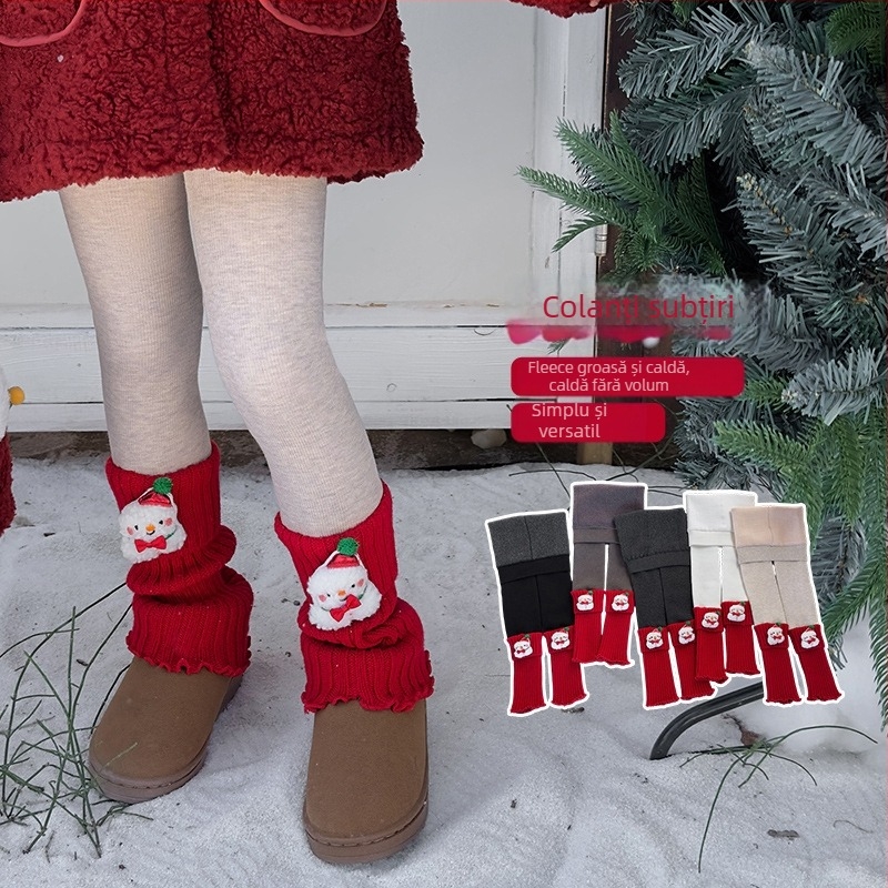 Colanți pentru copii, călduroși iarna, cu șosete integrate, tricot jacquard