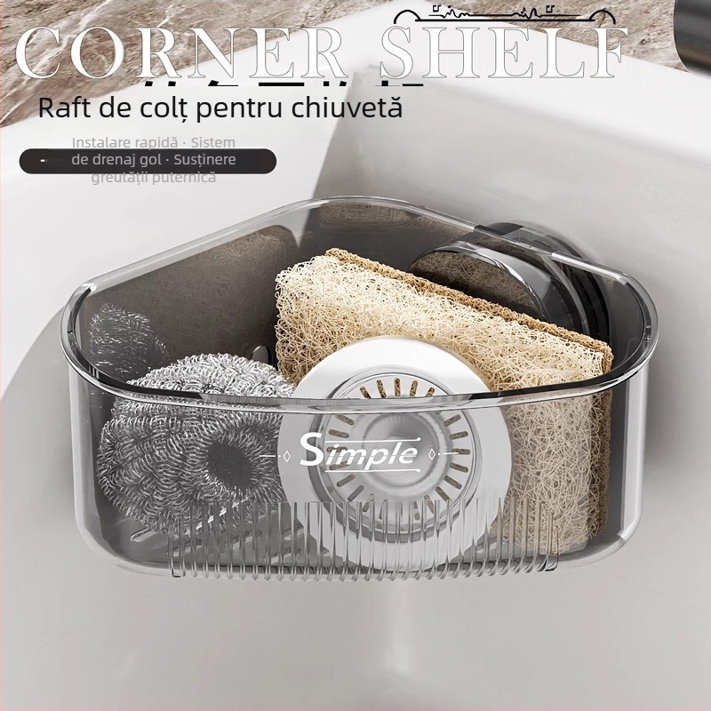 Raft de colț pentru chiuvetă cu ventuză, bucătărie casnică, montaj pe perete, multifuncțional, mare capacitate, coș de scurgere