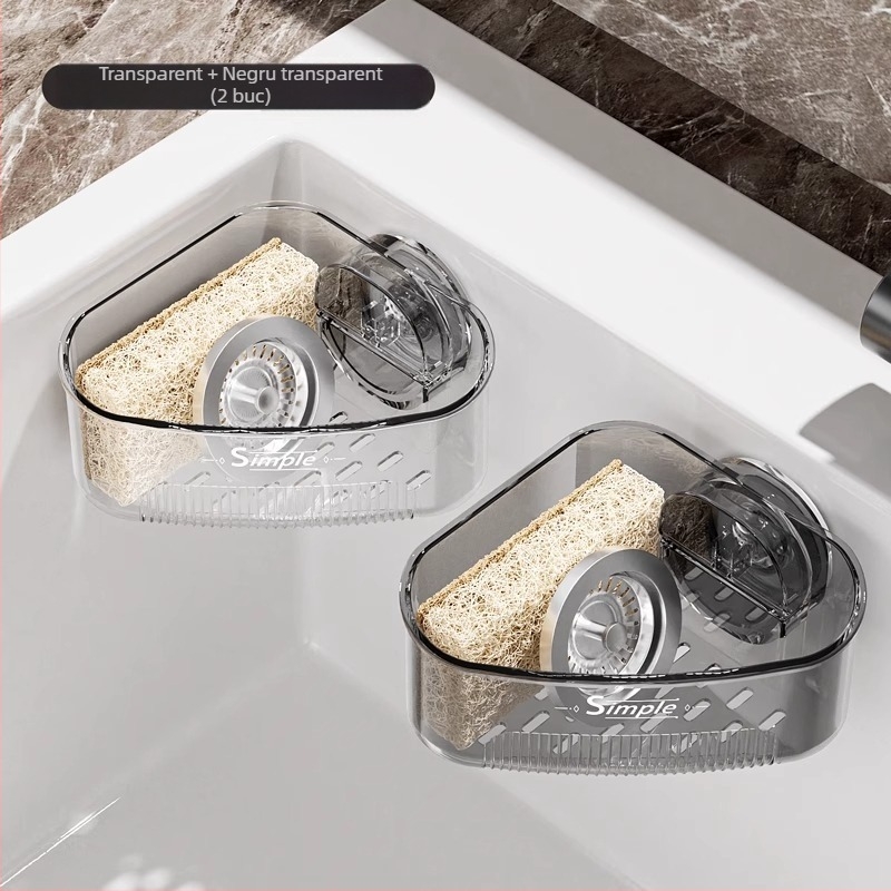 Raft de colț pentru chiuvetă cu ventuză, bucătărie casnică, montaj pe perete, multifuncțional, mare capacitate, coș de scurgere