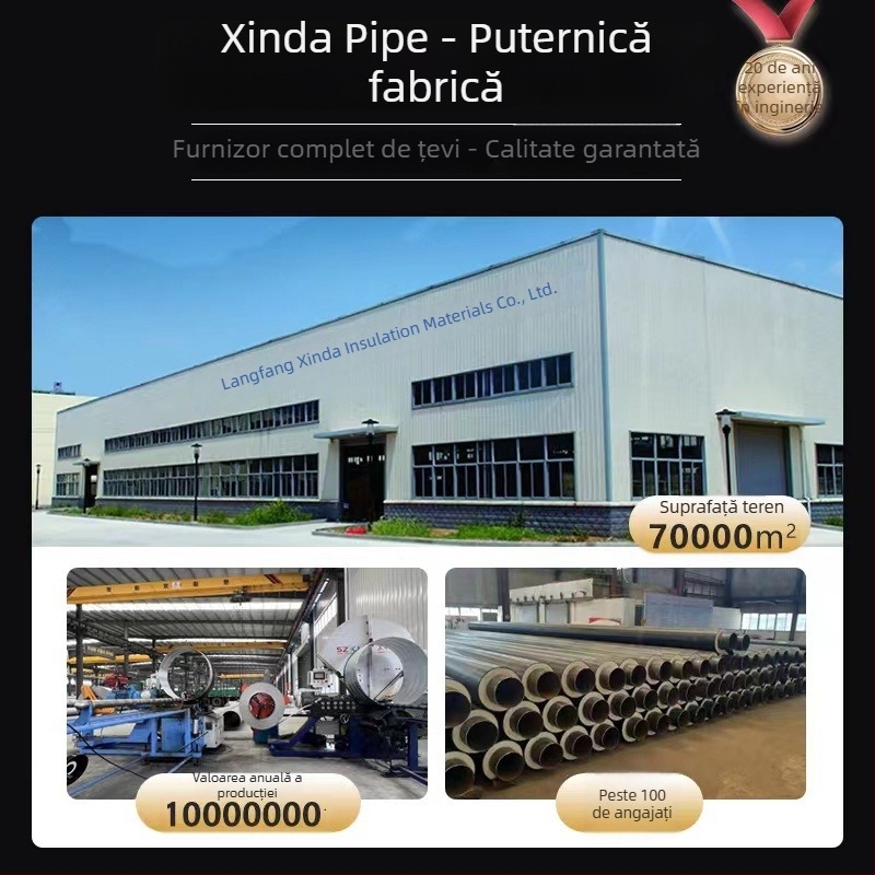 Țeavă din oțel izolat cu poliuretan, nucleu din țeavă de oțel; interval de funcționare -60 până la 140°C; conductivitatea termică 0,033 W/mK; rezistența la comprimare ≥0,38