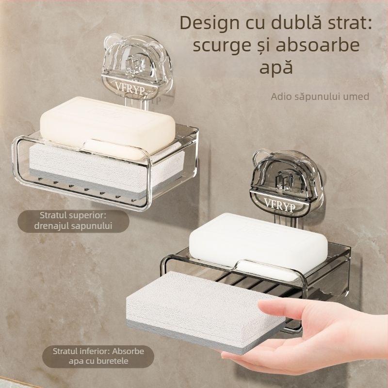 Casetă de săpun montată pe perete cu ventuze, fără găuri, set din două piese, din plastic, certificat CE, stil simplu și modern