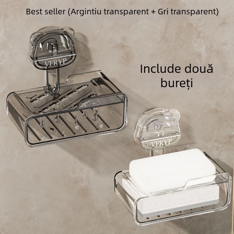 Casetă de săpun montată pe perete cu ventuze, fără găuri, set din două piese, din plastic, certificat CE, stil simplu și modern