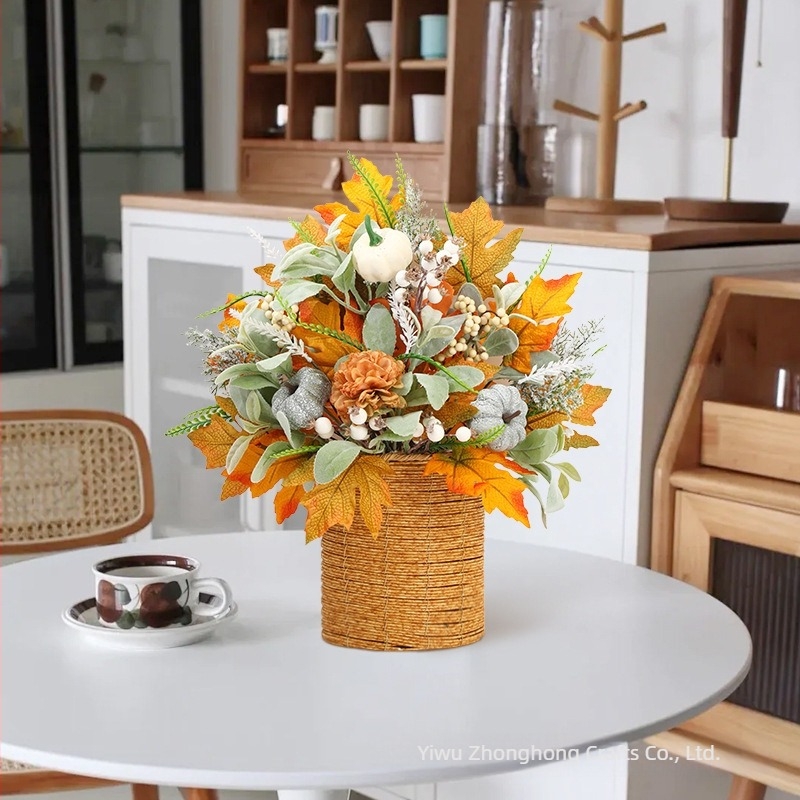 Coroană de toamnă din plastic cu dovleac, frunze cu urechi de iepure și ghirlandă de fructe pentru ușa din față, marca Zonghong