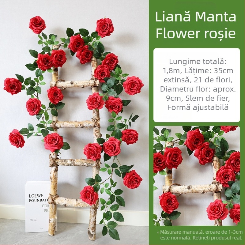 Liane decorative pentru perete cu flori din plastic, ratan artificial, seria Wedding Home, producție semi-artizanală și semi-mecanică