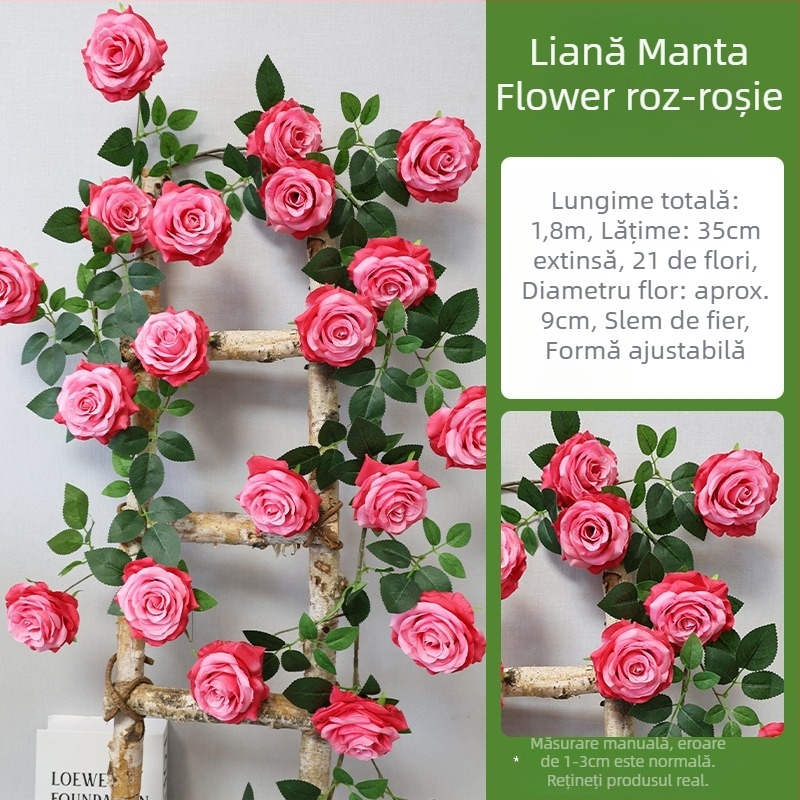 Liane decorative pentru perete cu flori din plastic, ratan artificial, seria Wedding Home, producție semi-artizanală și semi-mecanică