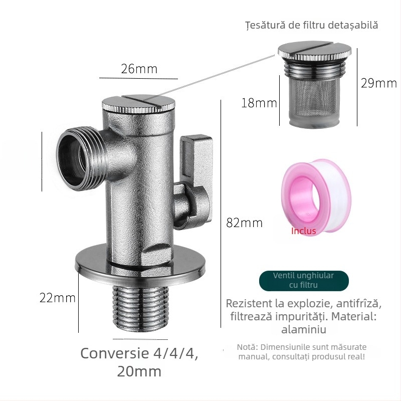 Ventil unghiular din alamă pentru WC cu filtru, montaj manual, presiune normală, pentru toaletă, 197 g