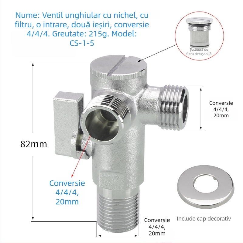 Ventil unghiular din alamă pentru WC cu filtru, montaj manual, presiune normală, pentru toaletă, 197 g