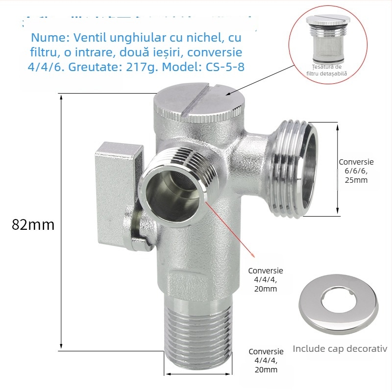 Ventil unghiular din alamă pentru WC cu filtru, montaj manual, presiune normală, pentru toaletă, 197 g