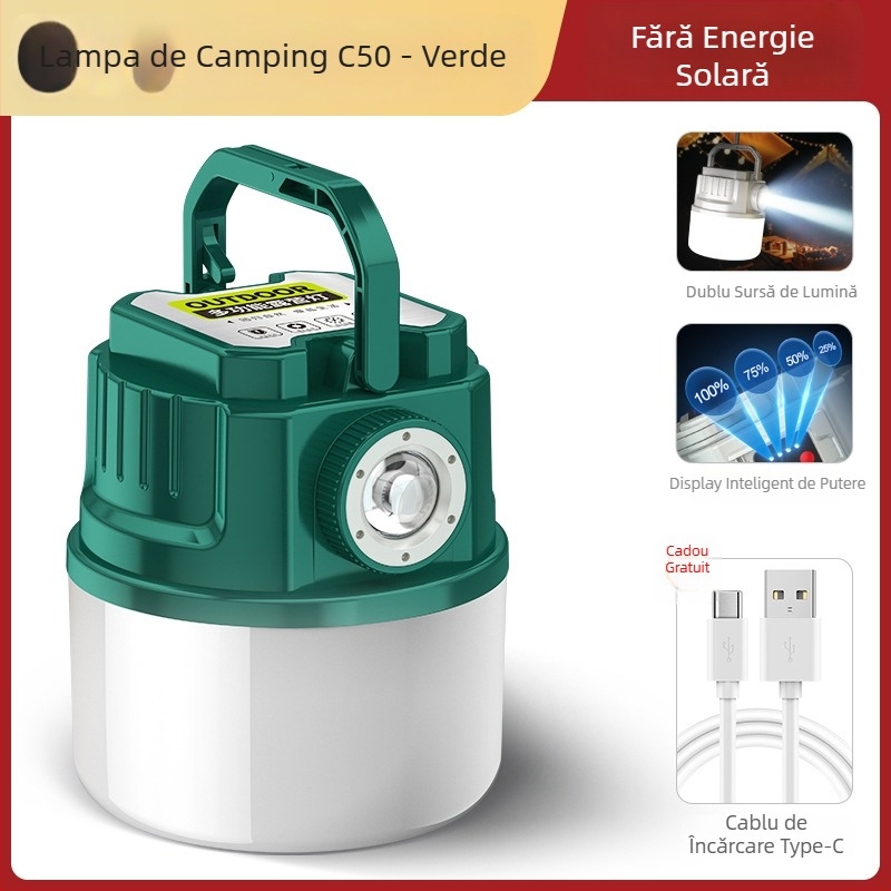 Lampă de camping LED, reîncărcabilă, 3,7V, 10W, întrerupător manual