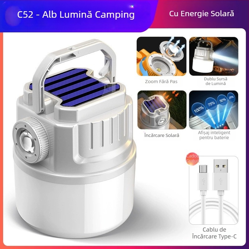 Lampă de camping LED, reîncărcabilă, 3,7V, 10W, întrerupător manual