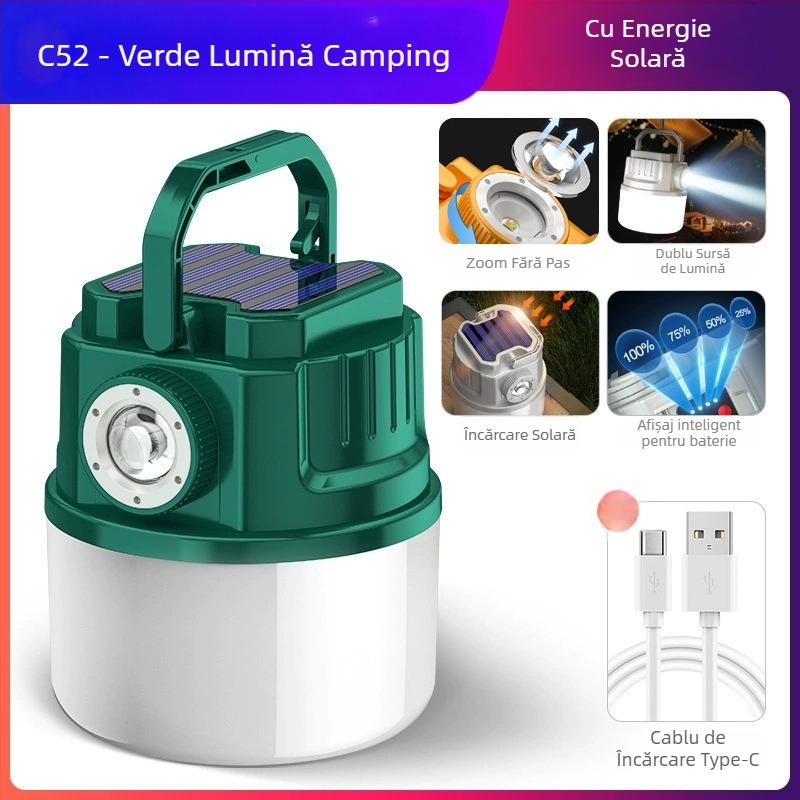 Lampă de camping LED, reîncărcabilă, 3,7V, 10W, întrerupător manual