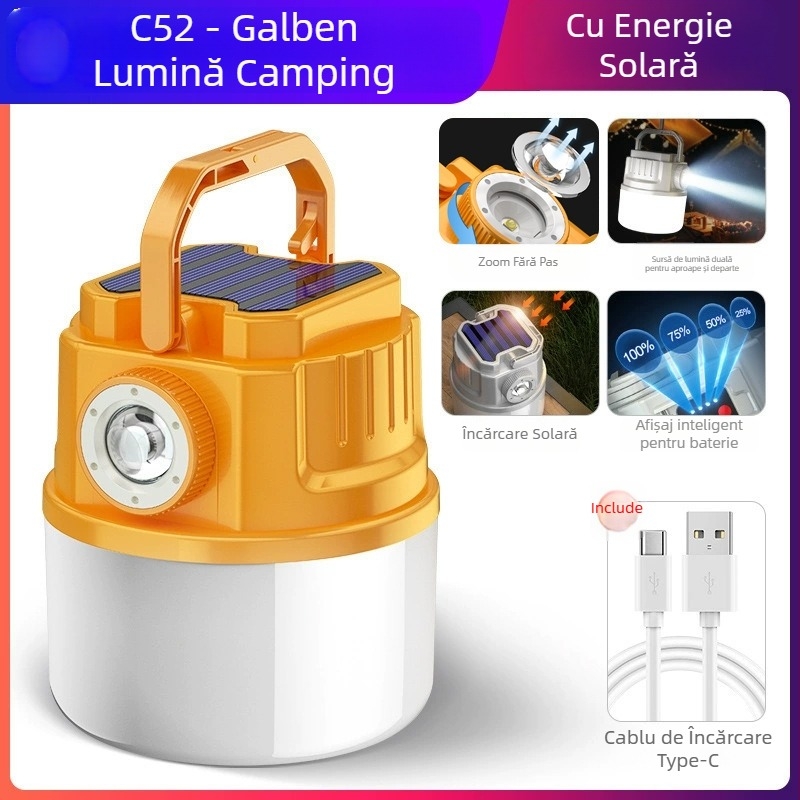 Lampă de camping LED, reîncărcabilă, 3,7V, 10W, întrerupător manual