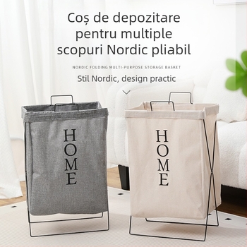 Coș de rufe cu suport din fier forjat, coș pliabil din țesătură, design modern minimalist; material: pânză poliester-bumbac și in poliester
