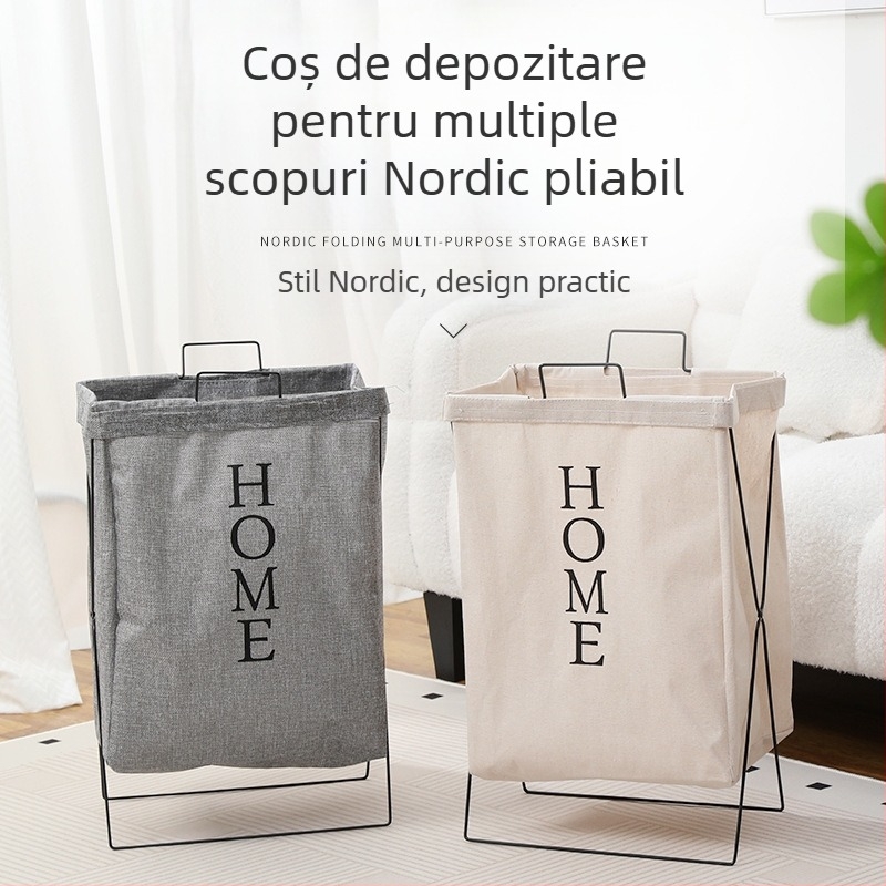 Coș de rufe cu suport din fier forjat, coș pliabil din țesătură, design modern minimalist; material: pânză poliester-bumbac și in poliester