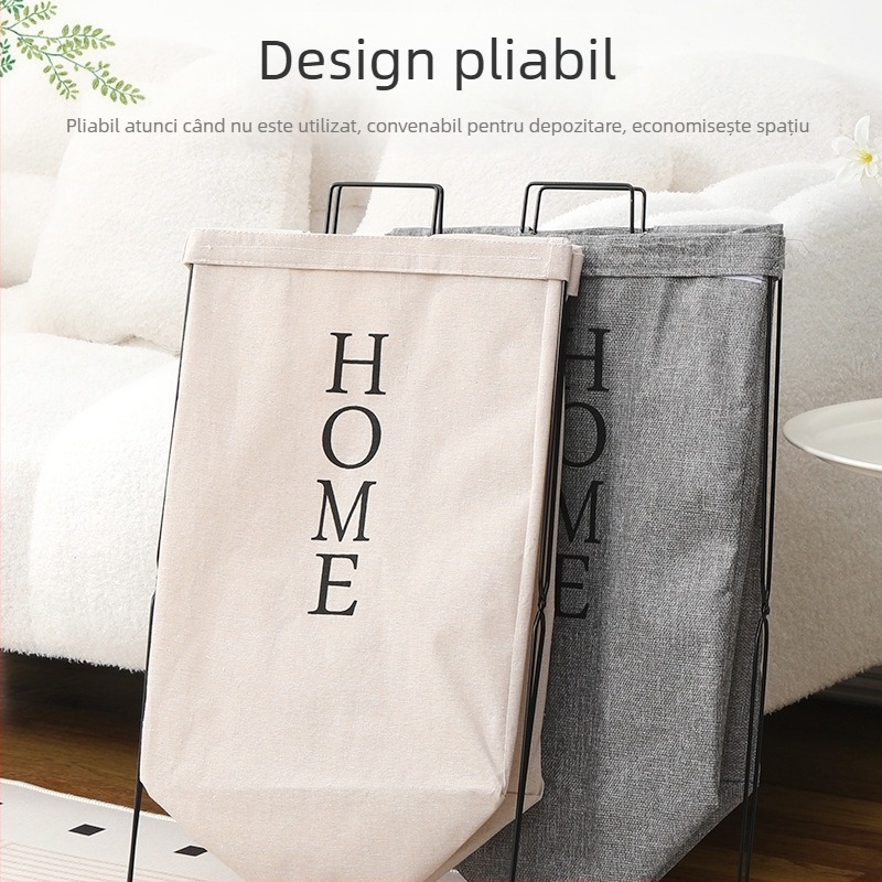 Coș de rufe cu suport din fier forjat, coș pliabil din țesătură, design modern minimalist; material: pânză poliester-bumbac și in poliester