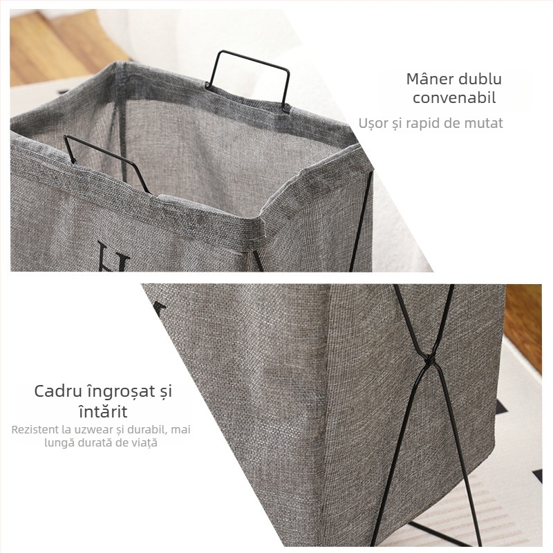 Coș de rufe cu suport din fier forjat, coș pliabil din țesătură, design modern minimalist; material: pânză poliester-bumbac și in poliester