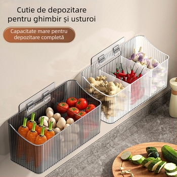 Coș transparent de depozitare pentru usturoi, ghimbir și ceapă, montat pe perete – plastic, fără găuri, organizator de bucătărie