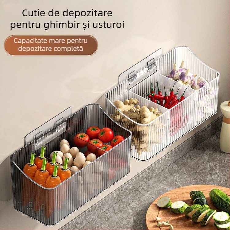 Coș transparent de depozitare pentru usturoi, ghimbir și ceapă, montat pe perete – plastic, fără găuri, organizator de bucătărie