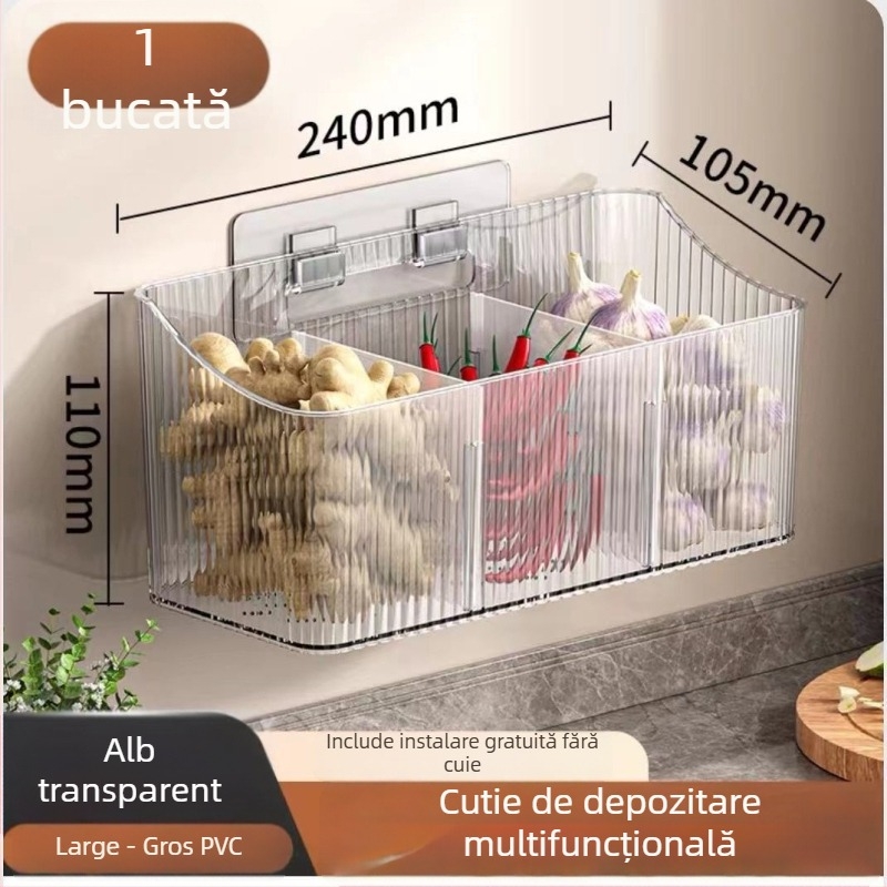 Coș transparent de depozitare pentru usturoi, ghimbir și ceapă, montat pe perete – plastic, fără găuri, organizator de bucătărie