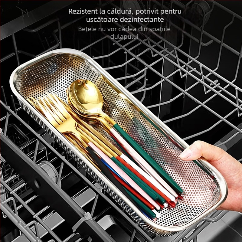 Coș pentru tacâmuri și bețișoare din oțel inoxidabil 201, cu rack de drenaj pentru dulap dezinfectare