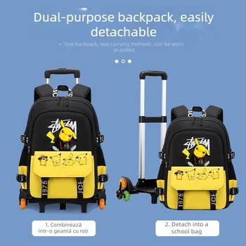 Rucsac cu trolier pentru școala primară, unisex, cu șase roți pentru urcarea scărilor, mâner detașabil, material Oxford, model anime, Xin zhuorun
