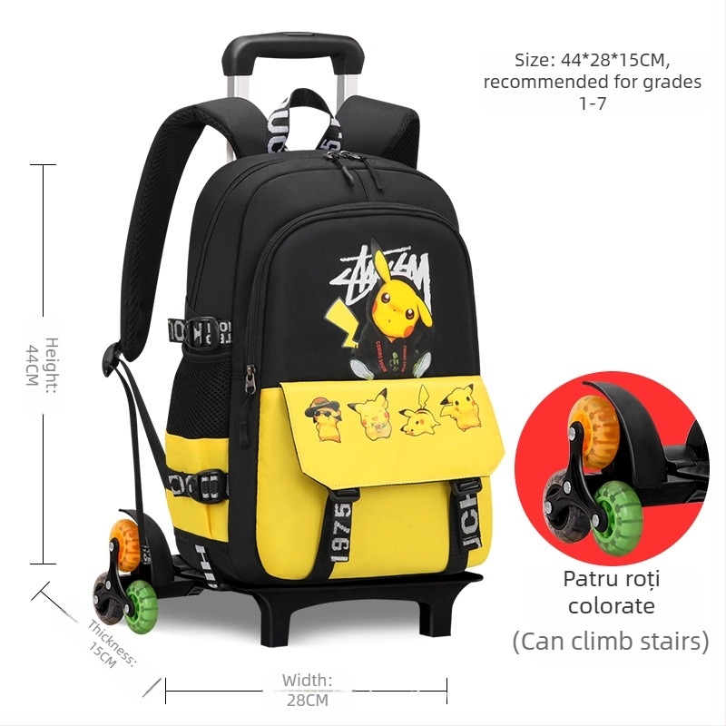 Rucsac cu trolier pentru școala primară, unisex, cu șase roți pentru urcarea scărilor, mâner detașabil, material Oxford, model anime, Xin zhuorun
