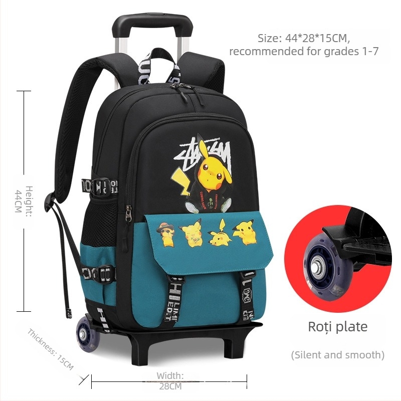 Rucsac cu trolier pentru școala primară, unisex, cu șase roți pentru urcarea scărilor, mâner detașabil, material Oxford, model anime, Xin zhuorun