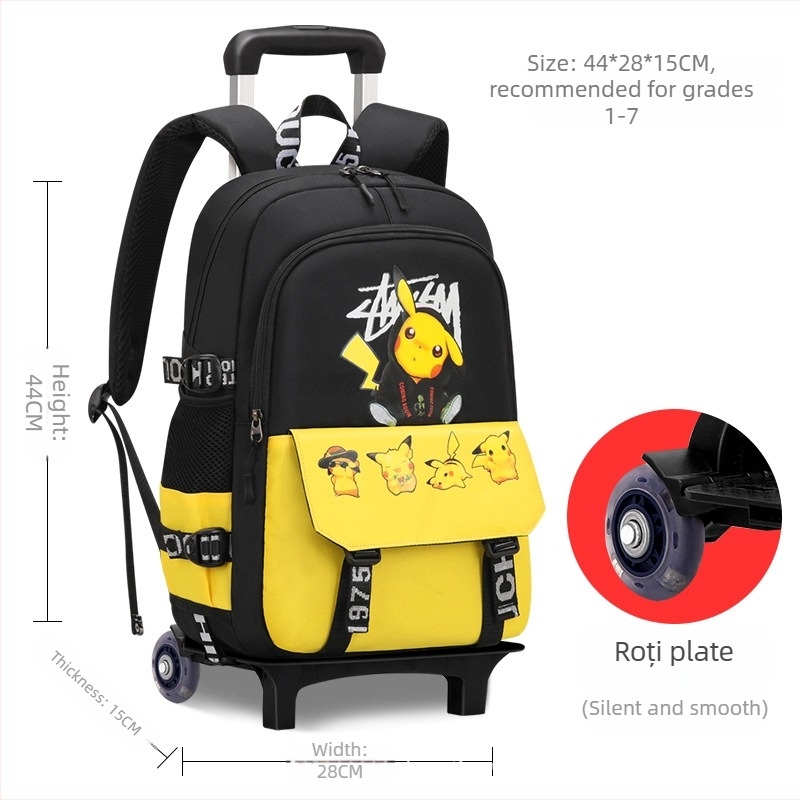 Rucsac cu trolier pentru școala primară, unisex, cu șase roți pentru urcarea scărilor, mâner detașabil, material Oxford, model anime, Xin zhuorun