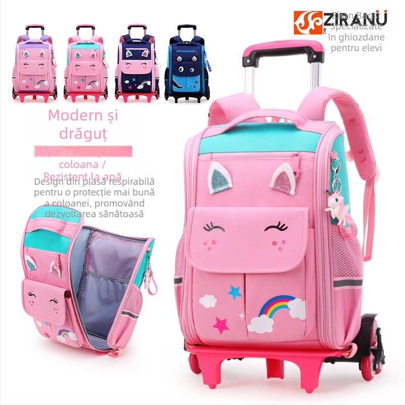 Rucsac școlar cu roți, din nylon, respirabil, impermeabil, rezistent la uzură, antifurt, curele de umăr curbate, roți cu direcție unică