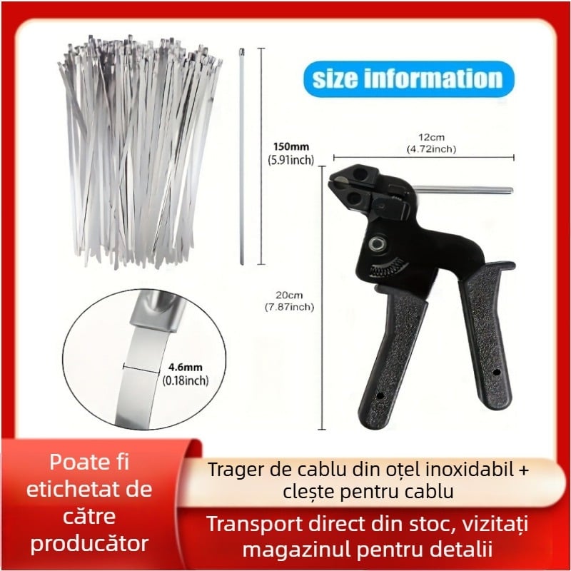 Legături pentru cabluri cu închidere automată pentru canale de cabluri, oțel inoxidabil 304, include clește, pachet 100 buc.