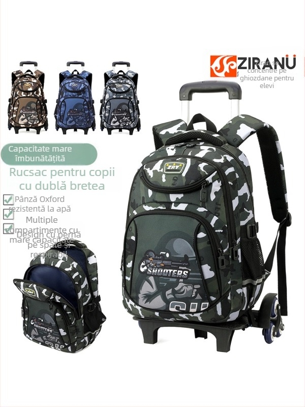 Ghiozdan școlar cu role pentru băieți, pentru școala primară, țesătură Oxford, model în dungi, 5160#, reducere a încărcării, impermeabil, rezistent la uzură, roți unidirecționale