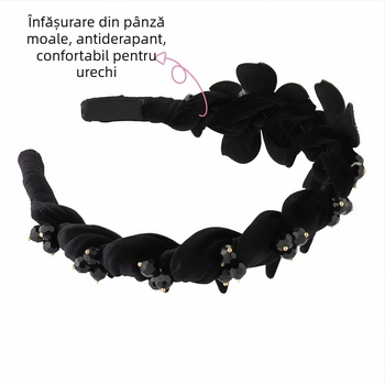 Bentiță pentru păr cu floare și fluture din cristale, lucrată manual, stil lux, anti-derapare, pentru femei