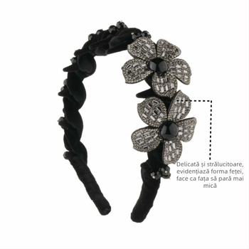 Bentiță pentru păr cu floare și fluture din cristale, lucrată manual, stil lux, anti-derapare, pentru femei